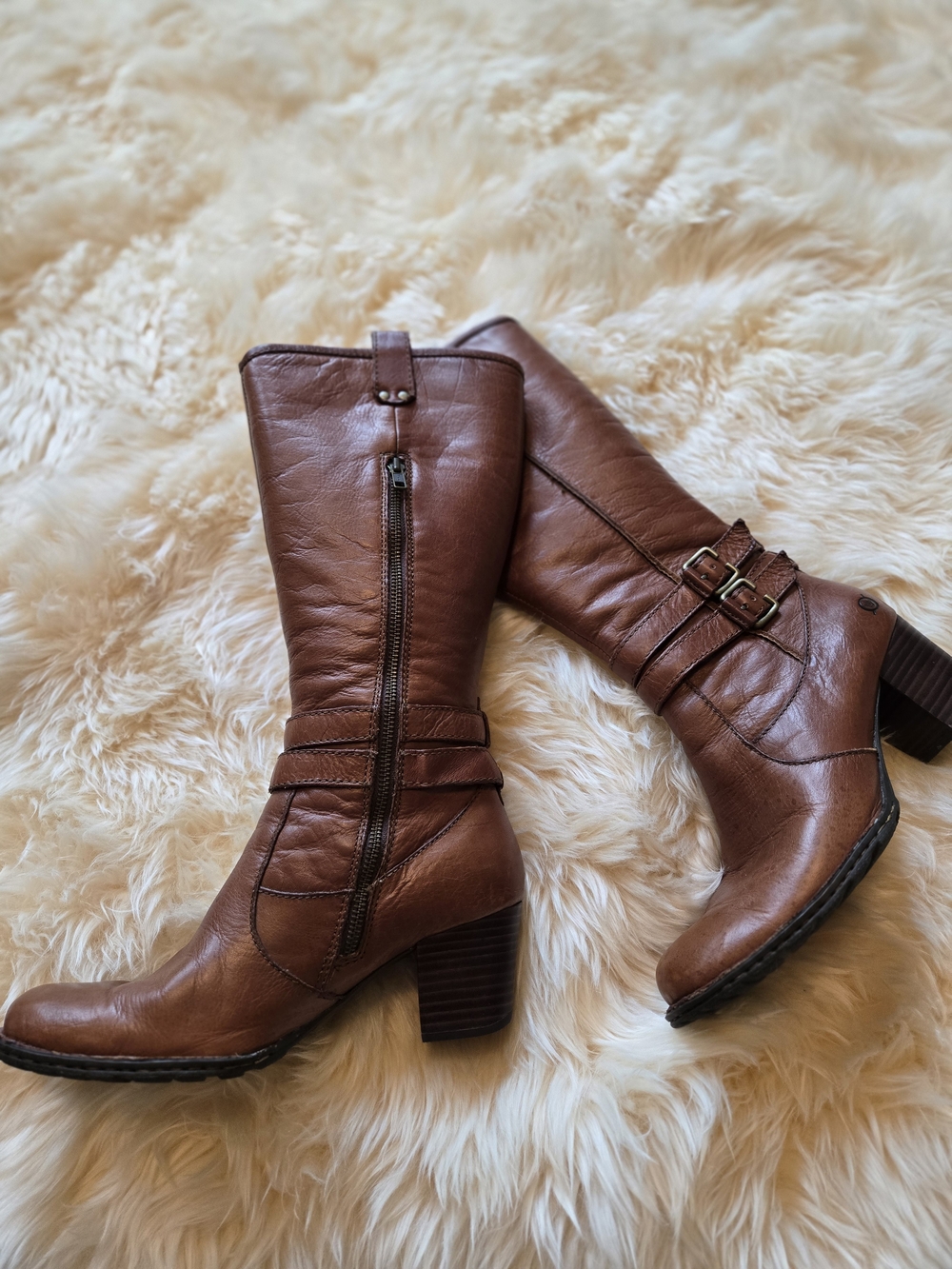 Women’s Born Brown Leather Mid-Calf Block Heel Boots